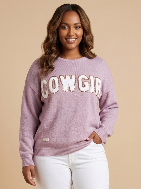 Simply Southern Sweaters - SIMPLY SOUTHERN | Mauve Sequins "Cowgirl" Knit Sweater Sz L